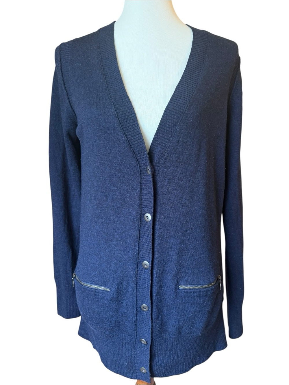 Banana Republic Navy 100% Merino Wool Long Cardigan Sweater Size L Zip Pockets